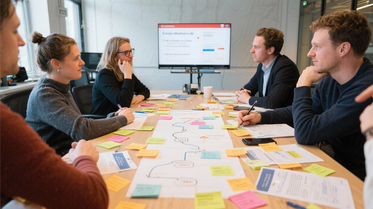 Core Utrecht Email Marketing Lab specialists brainstorming workshop scenarios around a table covered with sticky notes, customer journey maps, and Dutch compliance references.