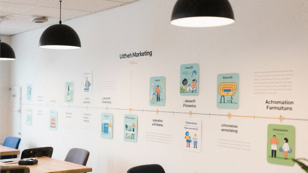 Timeline wall showing the first year milestones of a Utrecht marketing startup, including launch, pilot workshops, and automation framework updates on illustrated cards.