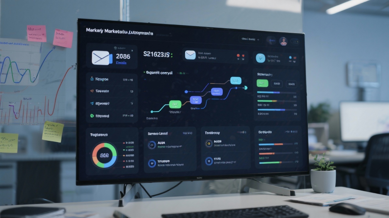 Dashboard view of marketing automation software displaying segmented email journeys, performance metrics, and trigger configurations on a large screen in a workspace with analytical notes.