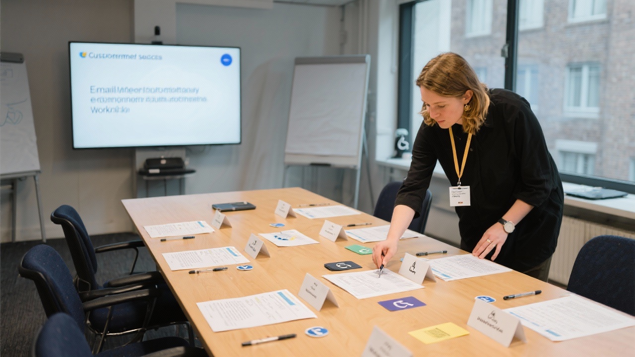 Customer success coordinator preparing meeting space with printed agendas, name badges, and accessibility aids for an upcoming email automation workshop in Utrecht.
