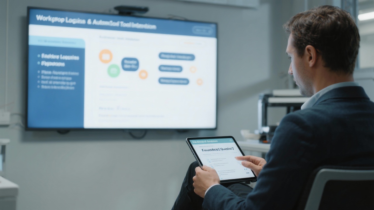 Participant reviewing frequently asked questions on a tablet while seated near a presentation screen that displays workshop logistics and automation tool integrations.