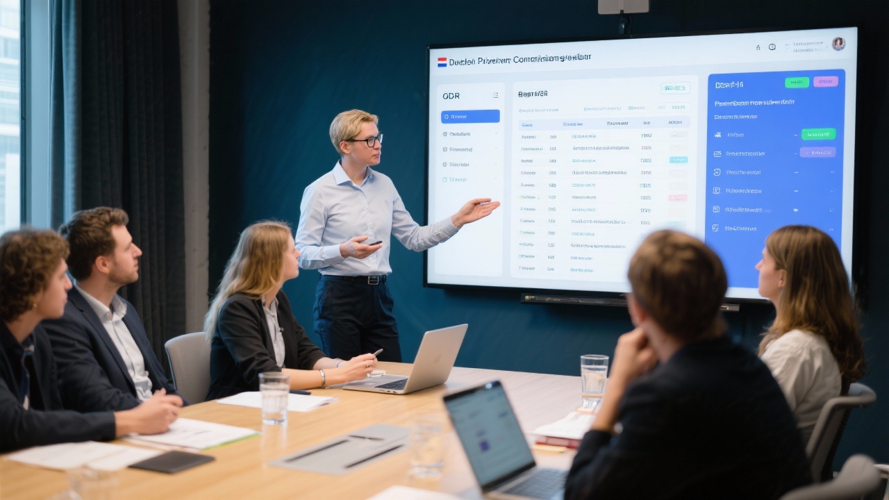 Compliance specialist guiding participants through GDPR documentation, risk registers, and consent management dashboards while referencing Dutch privacy authority guidelines inside a conference room.