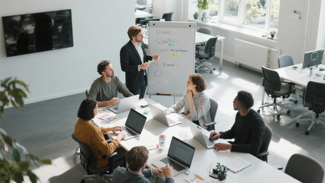High-angle view of marketing strategists collaborating around laptops and whiteboards during an email automation workshop in a modern Utrecht office environment with natural daylight.