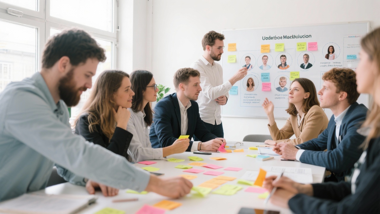 Group of Utrecht marketing professionals mapping audience personas on sticky notes during a segmentation workshop, highlighting cross-functional collaboration and persona prioritization frameworks in a bright meeting room.