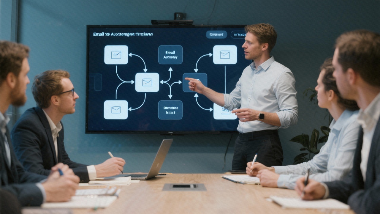 Facilitator demonstrating email automation triggers on a touchscreen monitor with interconnected flowchart nodes, while participants capture notes for implementation back at their Dutch companies.