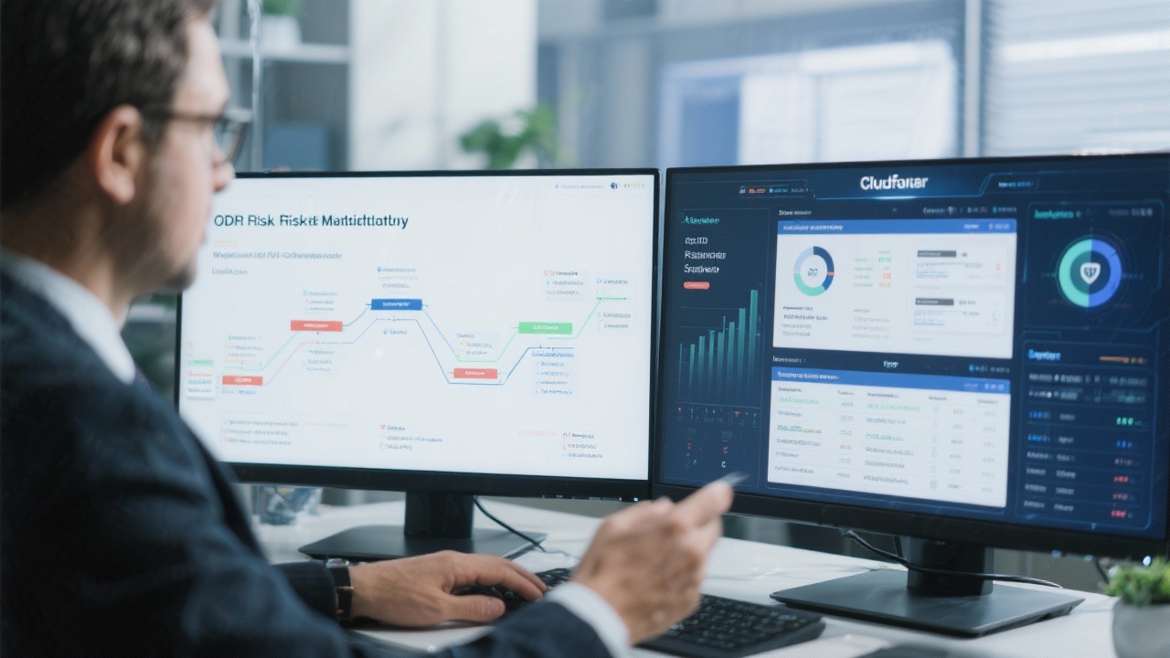 Legal advisor presenting GDPR risk mitigation strategies with consent lifecycle diagrams, data processing records, and Cloudflare security dashboards on dual monitors.