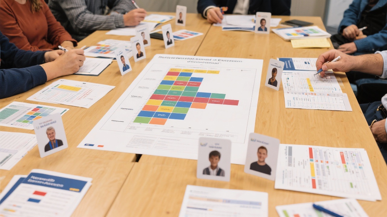Workshop table displaying segmentation matrices, persona cards, and behavioral data exports, prepared for collaborative exercises on refining Dutch B2B email audiences.