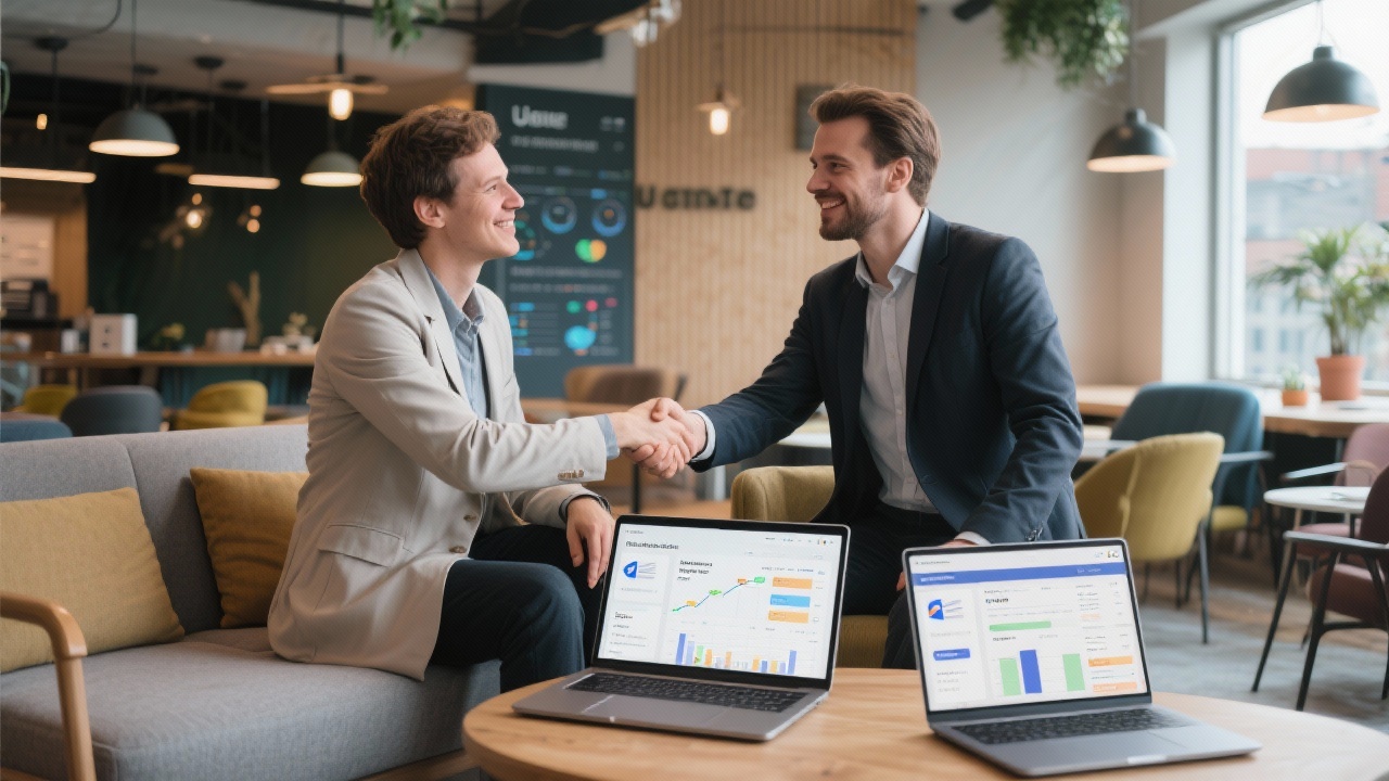 Two professionals shaking hands in a modern Utrecht co-working lounge beside laptops showing email workflow approvals, follow-up timelines, and project dashboards for the next sprint.